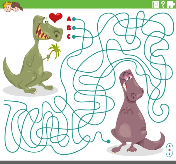Cartoon Illustration Lines Maze Puzzle Game Comic Dinosaur Love — Stock vektor