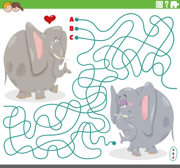 Cartoon Illustration Lines Maze Puzzle Game Comic Elephant Love — 스톡 벡터