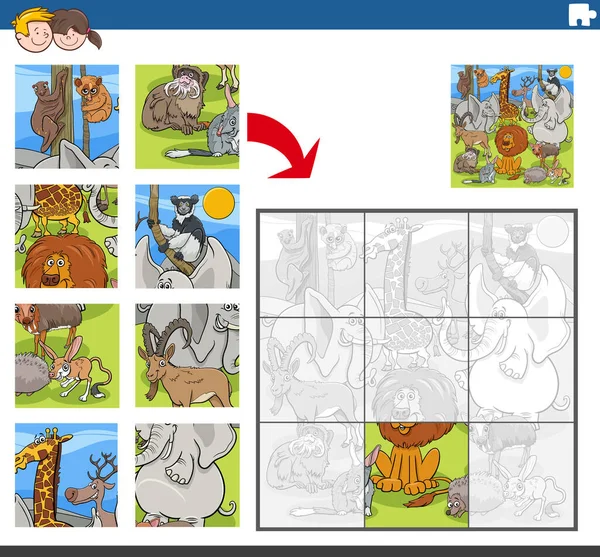 Kreskówka Ilustracja Edukacyjnej Gry Puzzle Układanki Dla Dzieci Zabawnymi Dzikimi — Wektor stockowy