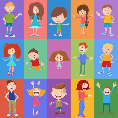 Mutlu çocuk karakterleri ile arkaplan ya da desen ya da dekoratif kağıt tasarımı karikatür çizimi