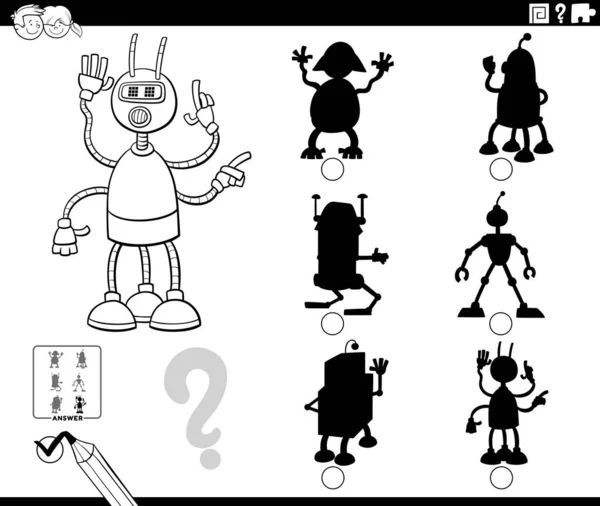 Black White Cartoon Illustration Finding Right Picture Shadow Educational Game — Vetor de Stock