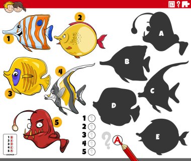 Cartoon illustration of finding the right shadows to the pictures educational game with fish animal characters