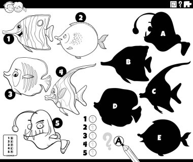 Black and white cartoon illustration of finding the right shadows to the pictures educational game with fish animal characters coloring page