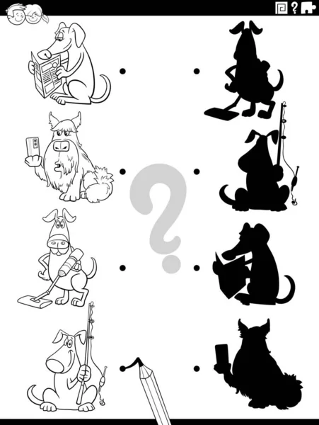 Black White Cartoon Illustration Match Right Shadows Pictures Educational Game — Vettoriale Stock