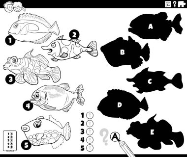 Black and white cartoon illustration of finding the right shadows to the pictures educational game for children with fish animal characters coloring page