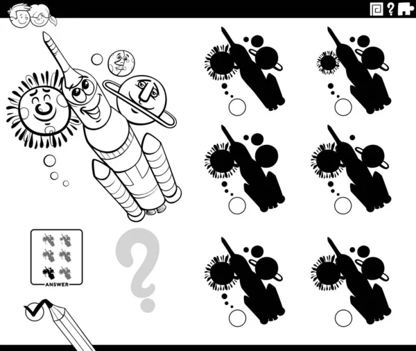 Black White Cartoon Illustration Finding Shadow Differences Educational Game Rocket — Stockový vektor