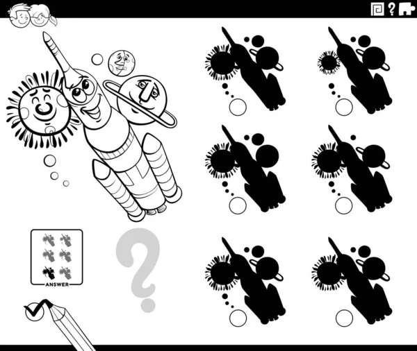 Чорно Біла Мультяшна Ілюстрація Знаходження Тіні Відмінностей Освітня Гра Ракетою — стоковий вектор