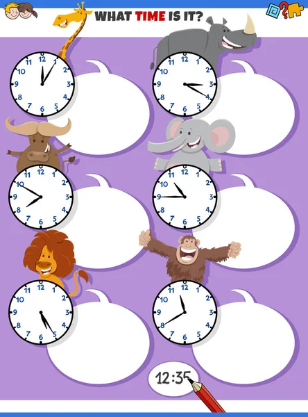 Cartoon Illustrations Telling Time Educational Task Clock Faces Happy Animal — Vetor de Stock