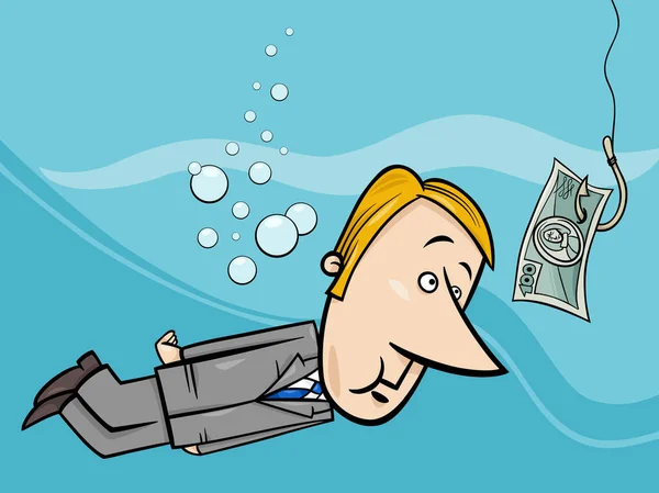 Concept Cartoon Illustration Businessman Underwater Money Banknote Fish Bait Hook — Vetor de Stock