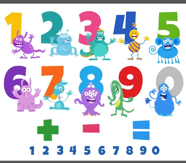Cartoon Illustration Educational Numbers Set One Nine Fantasy Monsters Aliens — Stock Vector