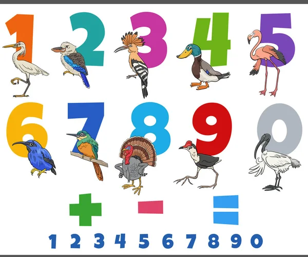 Cartoon Illustration Educational Numbers Set One Nine Birds Animal Characters — Stockvektor