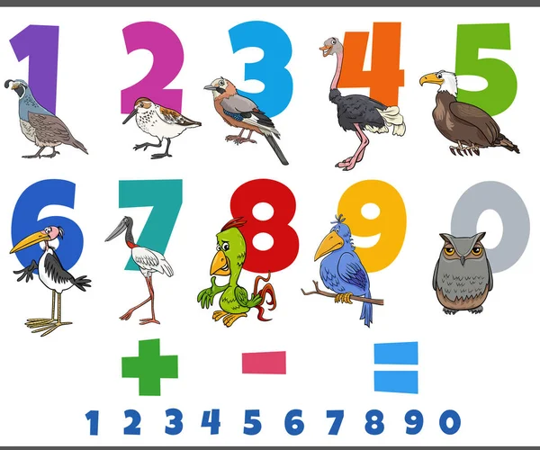 Cartoon Illustration Educational Numbers Set One Nine Comic Birds Animal — Vettoriale Stock