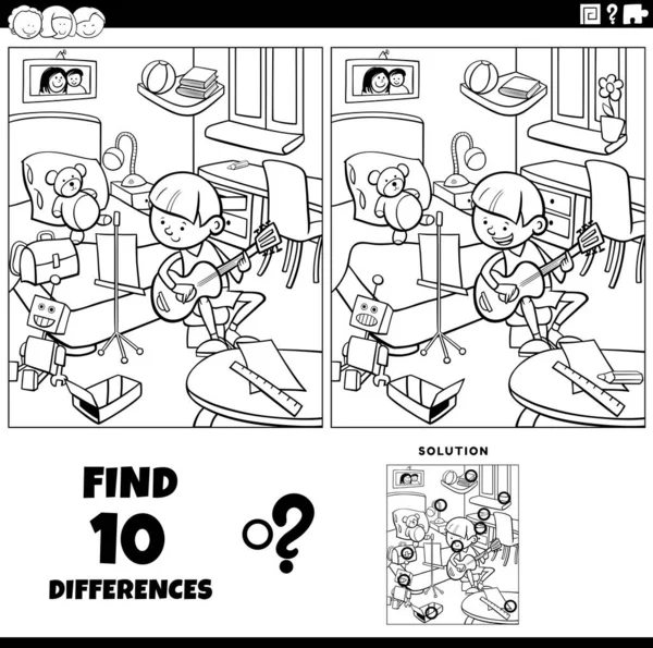 Black White Cartoon Illustration Finding Differences Pictures Educational Game Kid — Image vectorielle