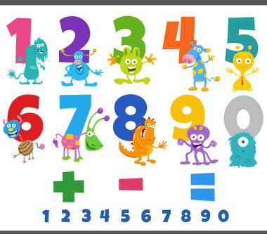 Cartoon illustration of educational numbers set from one to nine with fantasy monster characters