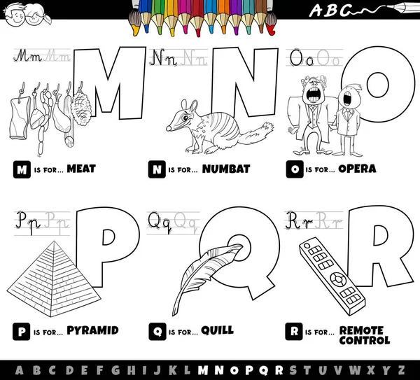 Black White Cartoon Illustration Capital Letters Alphabet Educational Set Reading — Stockvector