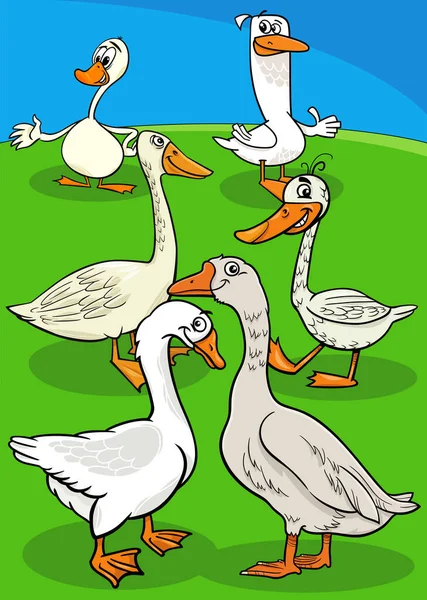 Cartoon Illustration Geese Birds Farm Animals Group Countryside — 图库矢量图片