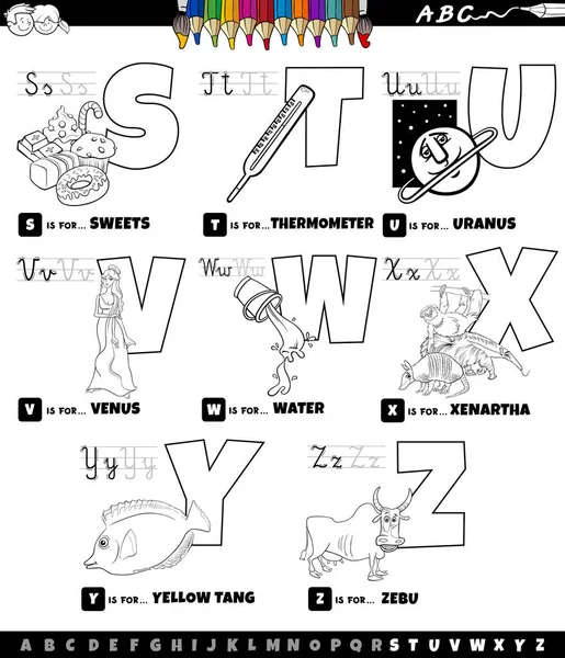 小学儿童从S到Z涂色书页阅读和写作练习用大写字母字母教育套件的黑白卡通画 — 图库矢量图片