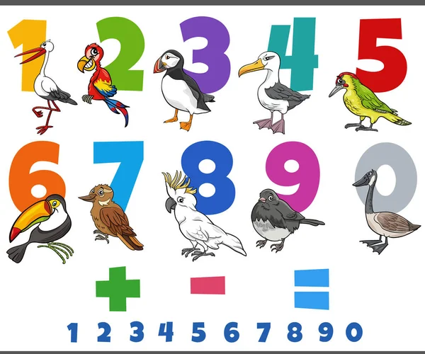 Cartoon Illustration Educational Numbers Set One Nine Comic Birds Animal — Vetor de Stock