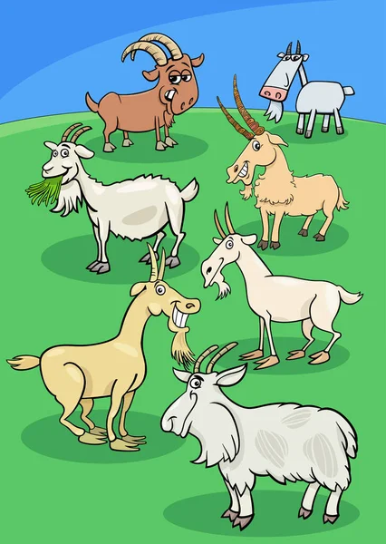 Cartoon Illustration Goats Farm Animal Characters Meadow — Stockvector