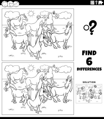 Black and white cartoon illustration of finding the differences between pictures educational game with funny horses farm animal characters group coloring page
