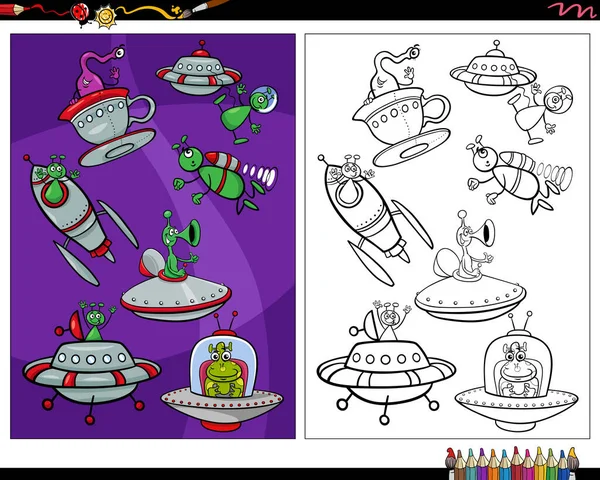Cartoon Illustration Funny Alien Characters Space Coloring Page — Stock Vector