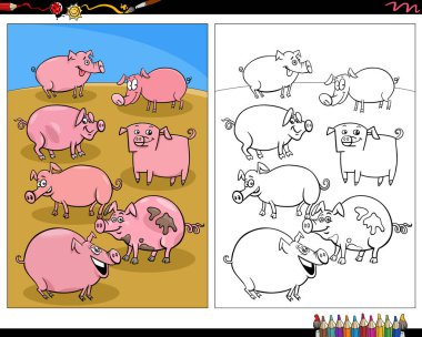 Cartoon illustration of pigs farm animal characters coloring page