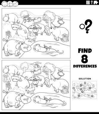 Black and white cartoon illustration of finding the differences between pictures educational game with funny wild animal characters group coloring book page