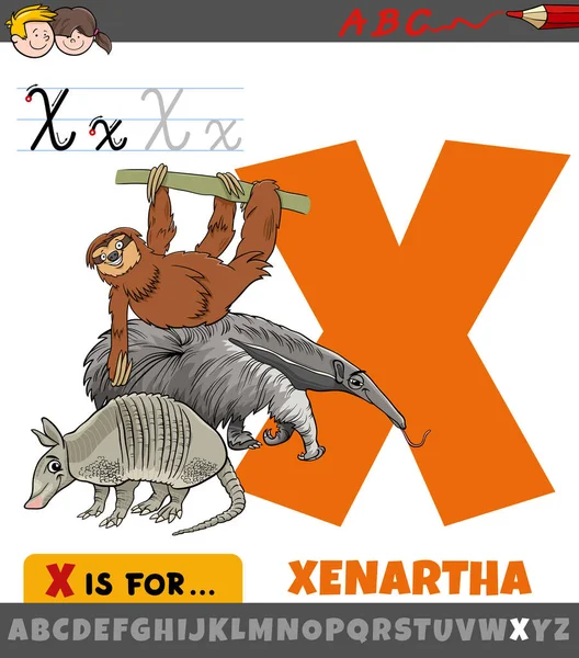 Educational Cartoon Illustration Letter Alphabet Xenartha Animals — Archivo Imágenes Vectoriales