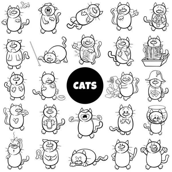 Black White Cartoon Illustration Funny Cats Animal Characters Big Set — Stock vektor