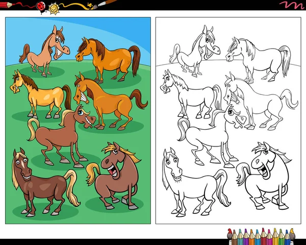 Cartoon Illustration Horses Farm Animal Characters Meadow Coloring Page — Stockvector