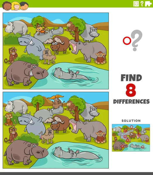 Cartoon Illustration Finding Differences Pictures Educational Game Funny Wild Animal — Stockvector