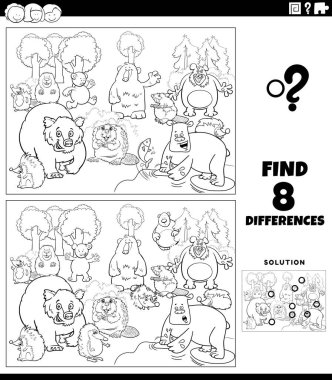 Black and white cartoon illustration of finding the differences between pictures educational game with funny wild animal characters group coloring book page