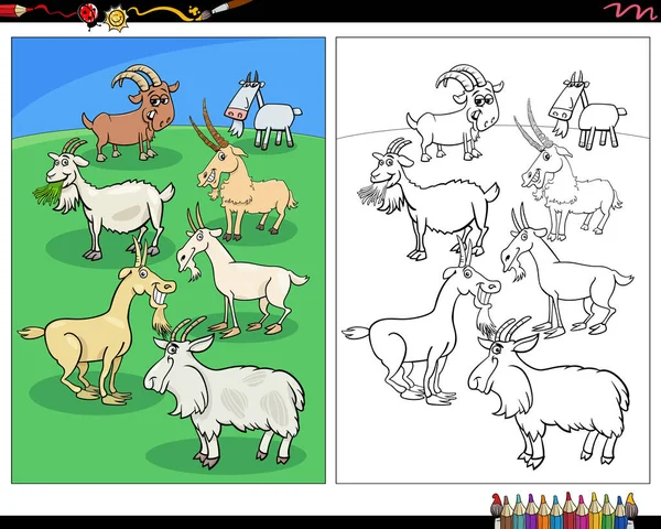 Cartoon Illustration Goats Farm Animal Characters Meadow Coloring Page — Stockvector