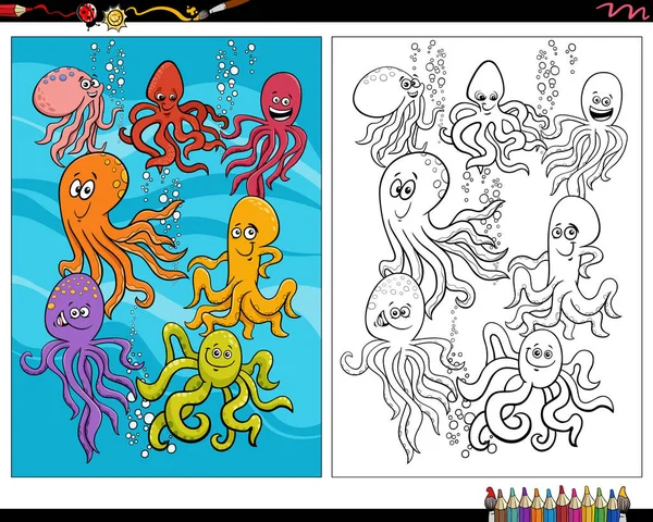Cartoon Illustration Happy Octopus Animal Characters Coloring Page — Stockvector