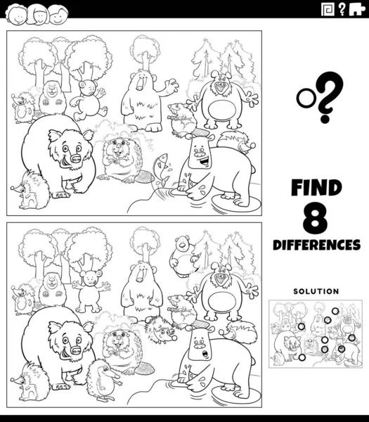 Black White Cartoon Illustration Finding Differences Pictures Educational Game Funny — Vettoriale Stock