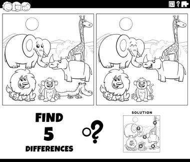 Black and white cartoon illustration of finding the differences between pictures educational game with Safari animal characters coloring page