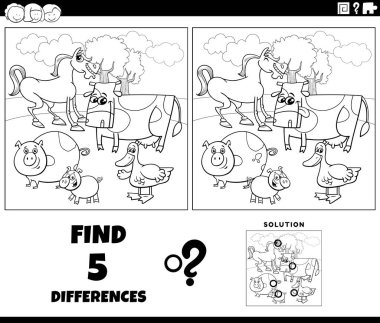 Black and white cartoon illustration of finding the differences between pictures educational game with farm animal characters in the meadow coloring page