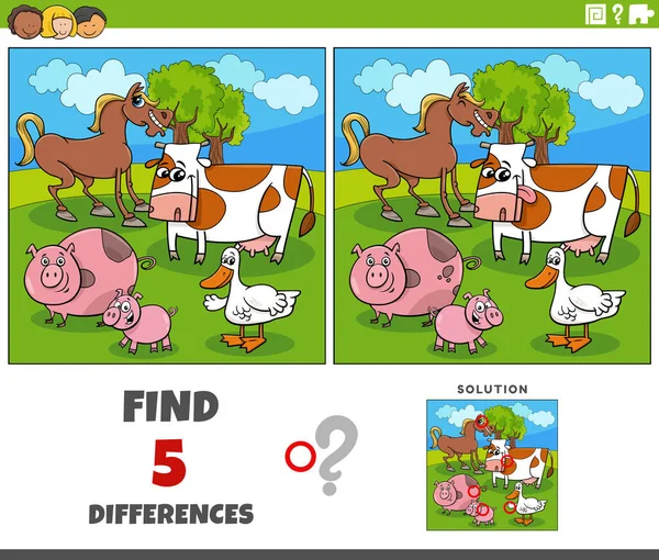 Cartoon Illustration Finding Differences Pictures Educational Game Farm Animal Characters — Vettoriale Stock