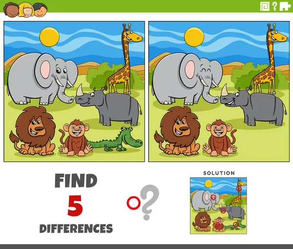 Cartoon Illustration Finding Differences Pictures Educational Game Safari Animal Characters — Vettoriale Stock