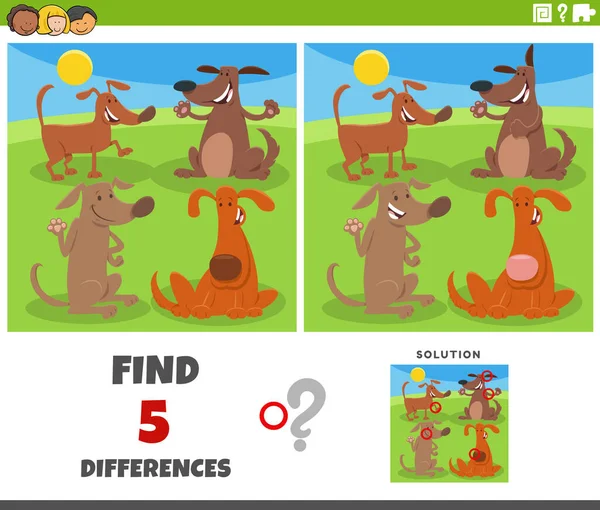 Cartoon Illustration Finding Differences Pictures Educational Game Funny Dogs Animal — Image vectorielle