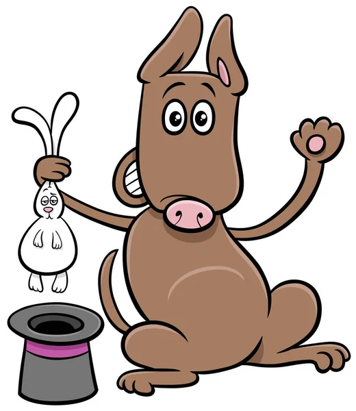 Cartoon Illustration Funny Magician Dog Pulling Rabbit Out Top Hat — Vetor de Stock
