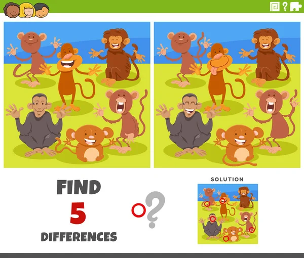 Cartoon Illustration Finding Differences Pictures Educational Game Funny Monkeys Animal Ilustración de stock