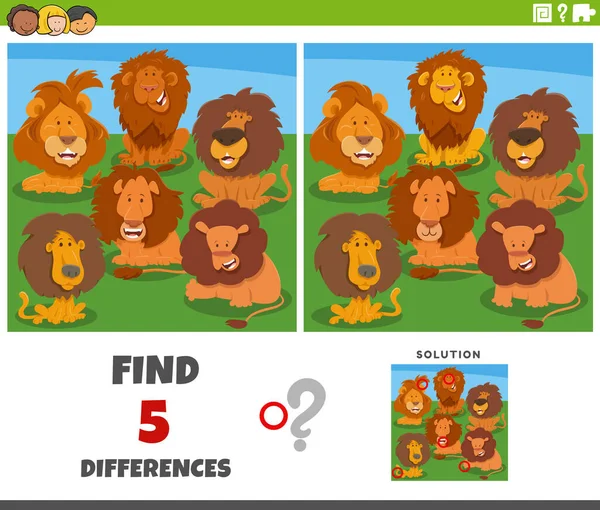 Cartoon Illustration Finding Differences Pictures Educational Game Funny Lions Animal — ストックベクタ