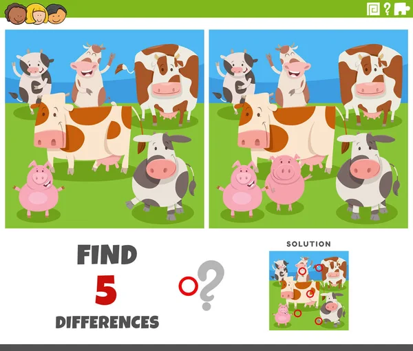 Cartoon Illustration Finding Differences Pictures Educational Game Cows Pigs Farm — Vector de stock