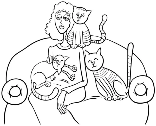 Ασπρόμαυρη Απεικόνιση Κινουμένων Σχεδίων Της Γυναίκας Τις Γάτες Της Στη — Διανυσματικό Αρχείο