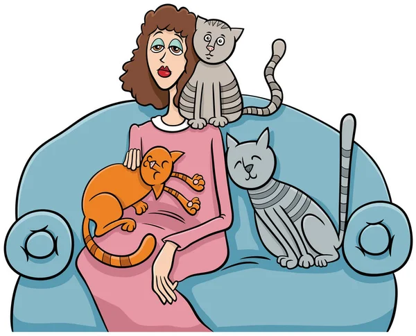 Cartoon Illustration Woman Her Cats Sofa Vectores de stock libres de derechos