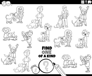 Black and white cartoon illustration of find one of a kind picture educational task with children and their dogs coloring page