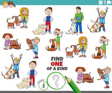 Cartoon illustration of find one of a kind picture educational task with children and their dogs