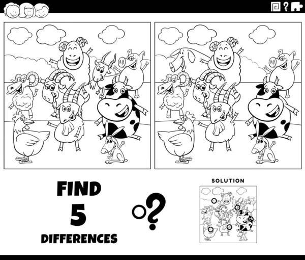 Black White Cartoon Illustration Finding Differences Pictures Educational Game Farm — Image vectorielle