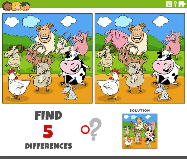 Cartoon Illustration Finding Differences Pictures Educational Game Farm Animal Characters — Vector de stock